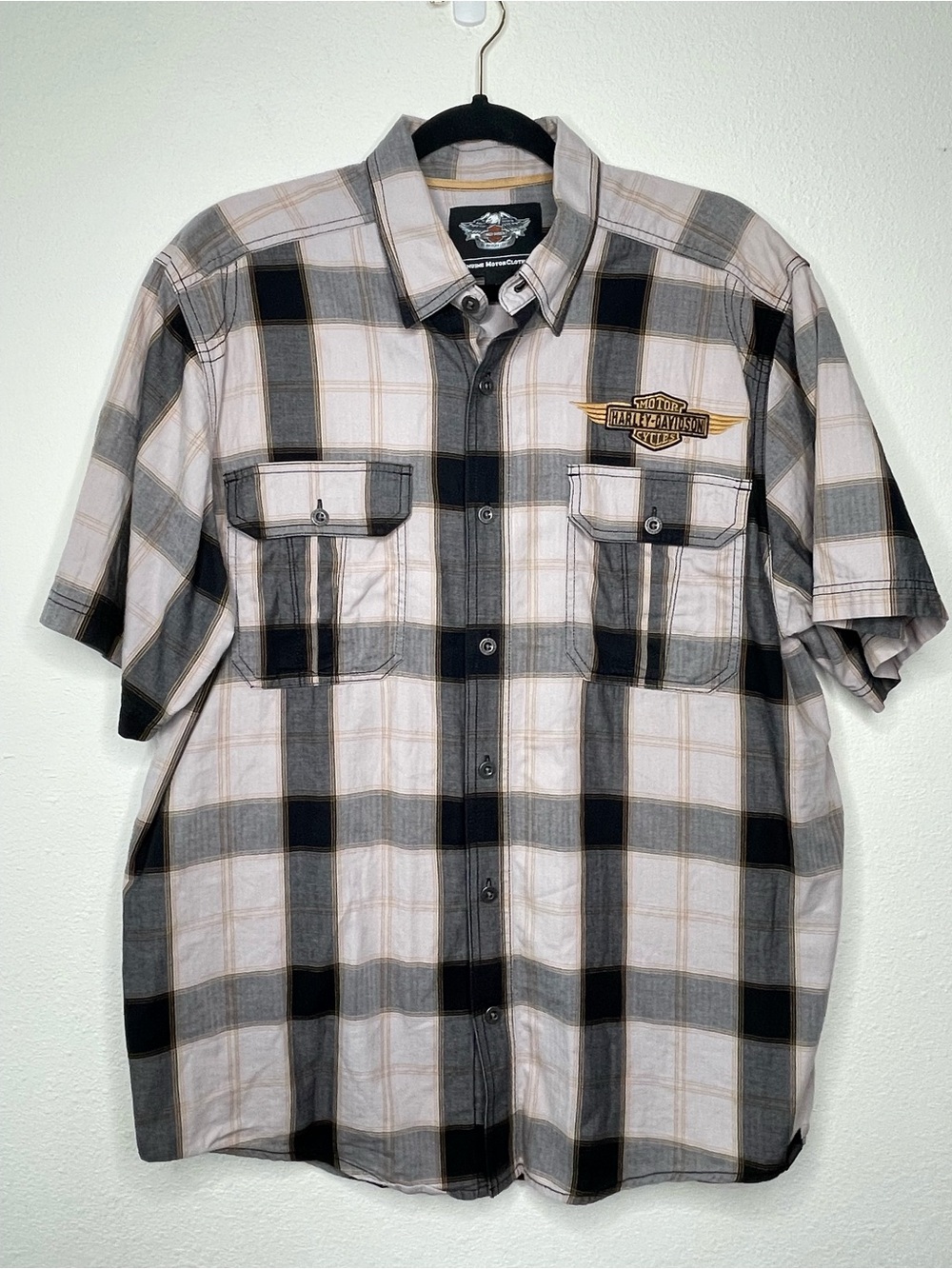 Harley-Davidson Men's Button Up Shirt Black/Tan Plaid Size L Short Sleeve Biker